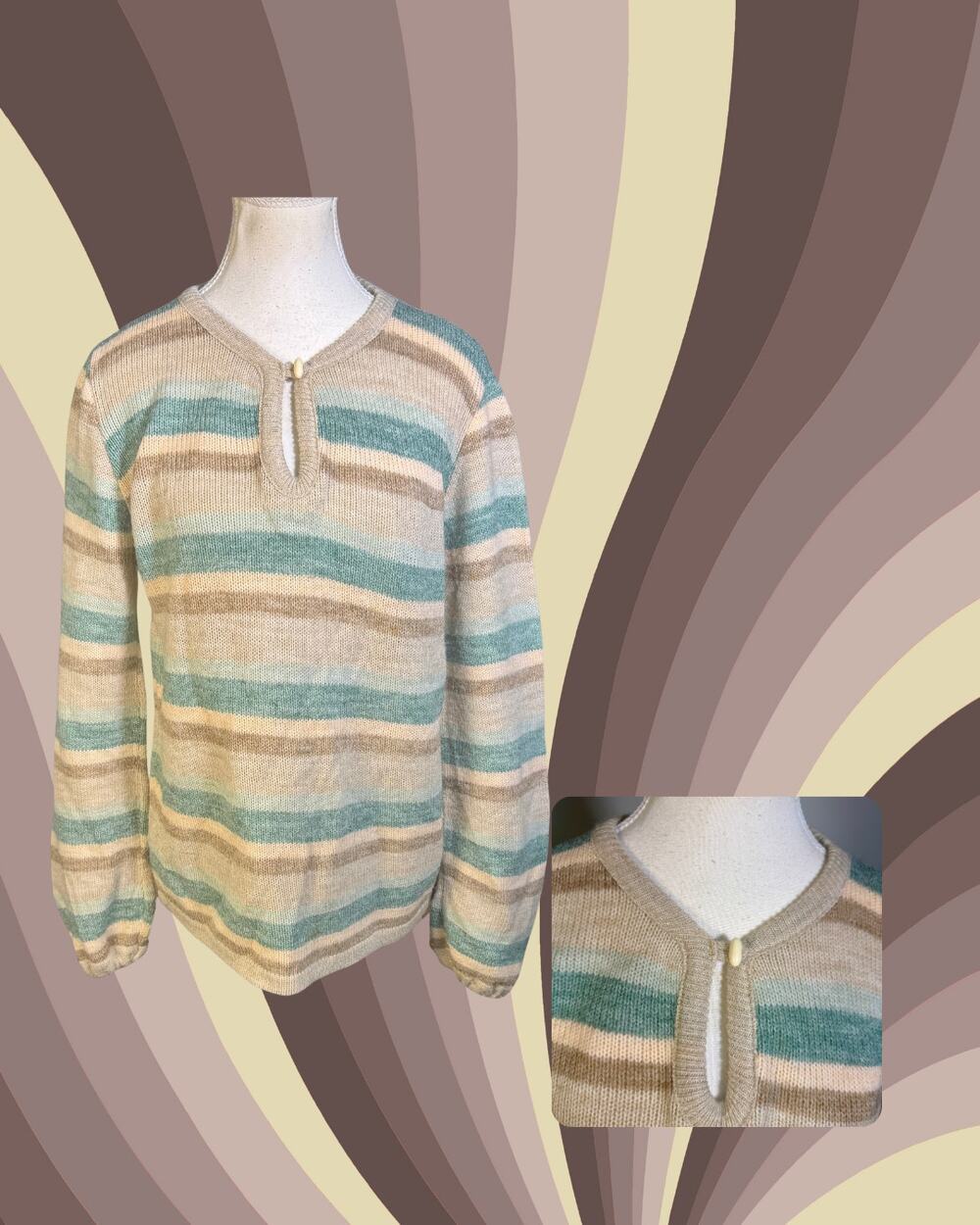 Vintage 70s Bananas Nancy Bossio Green Tan Stripe Hippy Popover Sweater Sz M/L